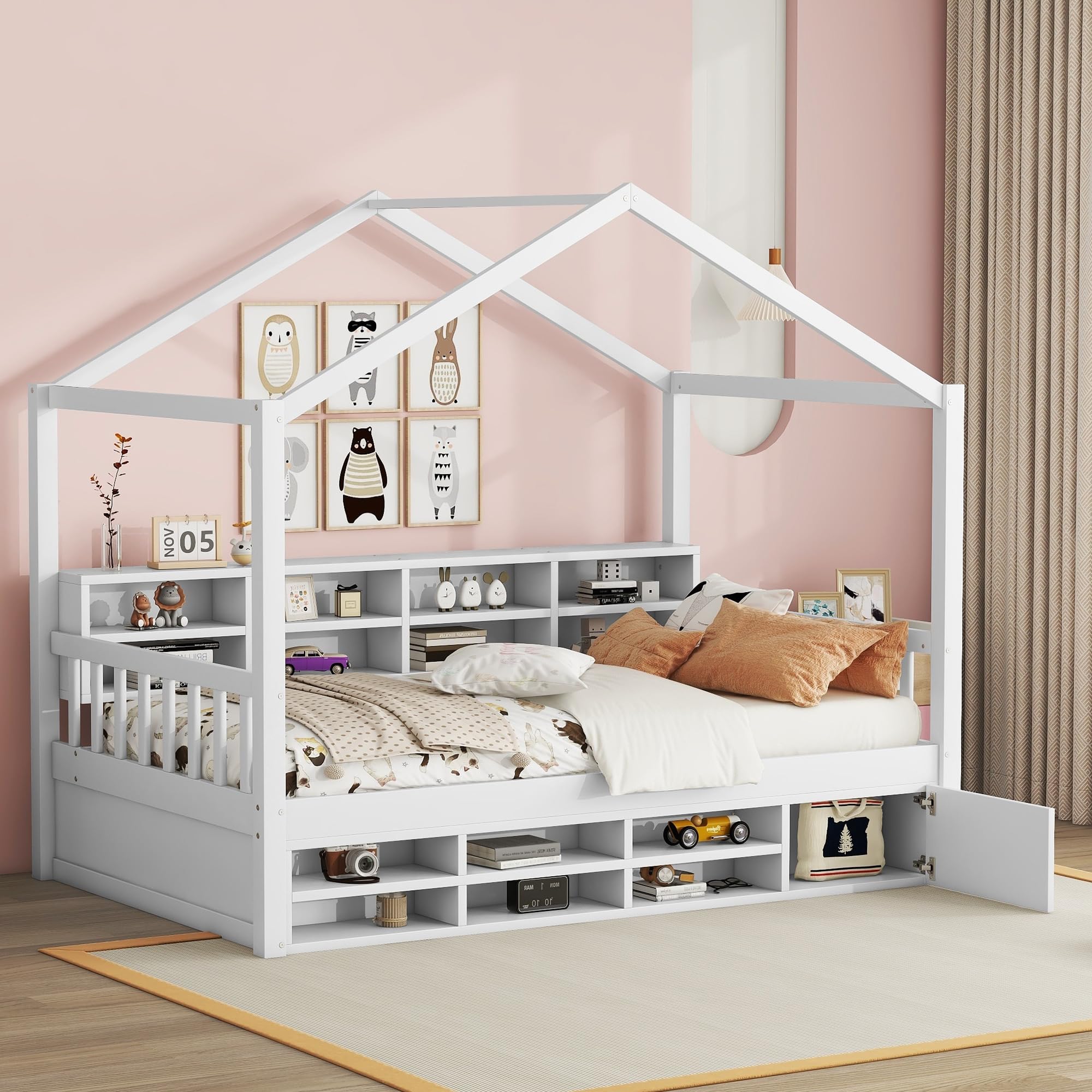 VilroCaz Twin Size House Bed with Shelves and a Mini-Cabinet, Wood Kids Platform Bed Frame with Sturdy Slats Support, Playhouse Design Daybed for Kids Teens Girls Boys (White-3tw)