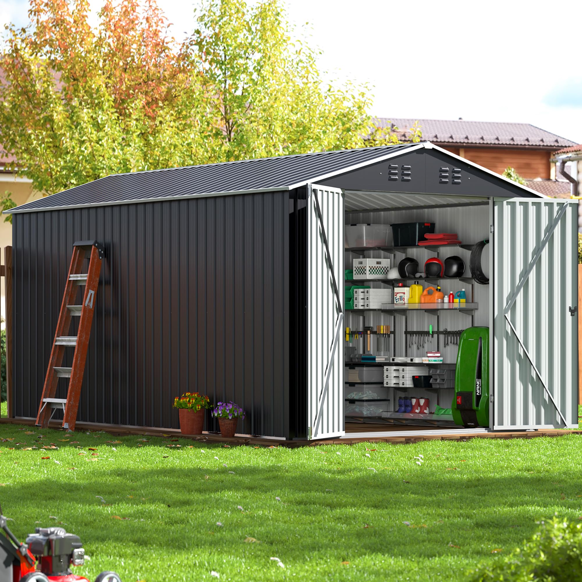 VIWAT 12x8 FT Outdoor Storage Shed, Large Garden Shed with Updated Frame Structure and Lockable Doors, Metal Tool Sheds for Backyard Garden Patio Lawn, Black