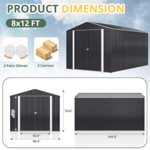 VIWAT 12x8 FT Outdoor Storage Shed, Large Garden Shed with Updated Frame Structure and Lockable Doors, Metal Tool Sheds for Backyard Garden Patio Lawn, Black