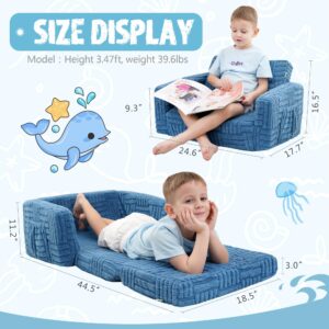 MallSingel Kids Sofa, Toddler Chair, 2-in-1 Flannel Kids Fold Out Couch, Toddler Convertible Sofa to Lounger, Flip Open Toddler Couch for Kids(White) (Blue)