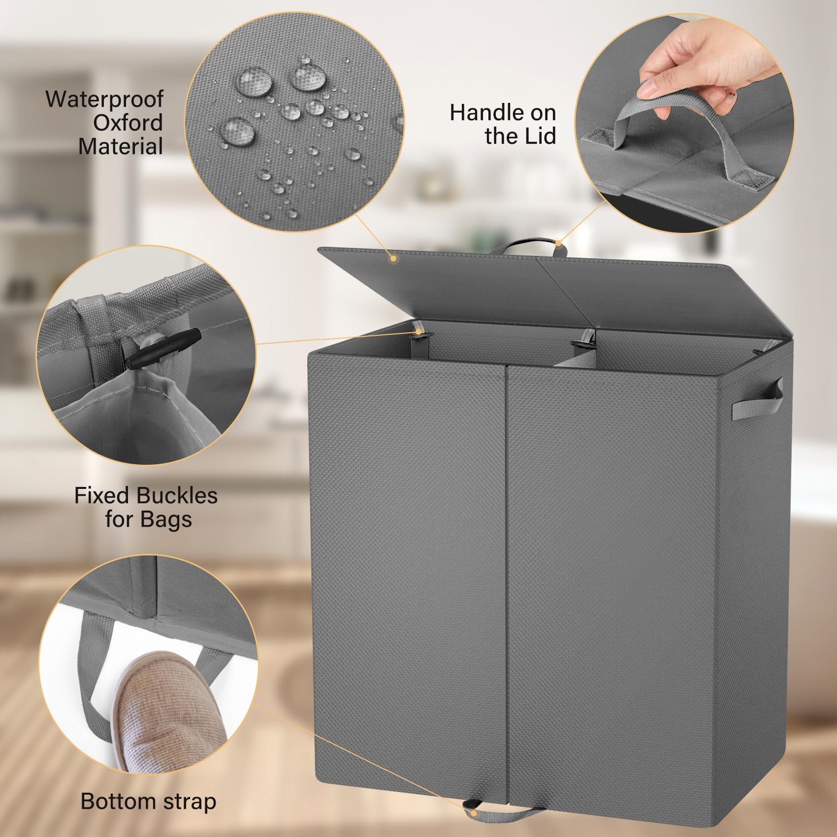 Double Laundry Hamper with Lid and 4 Removable Laundry Bags, Collapsible Laundry Hamper 2 Section Dirty Clothes Hamper with Handles for Laundry, Bedroom, Bathroom, Dorm, Grey