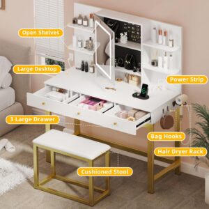 DWVO 39.5 W Vanity Desk Set, Makeup Table with LED Lighted Mirror and Power Outlet, Adjustable 3 Lights Modes, Vanity Table with Stool and Hidden Storage Shelves, 3 Drawers with for Girls Gift, White