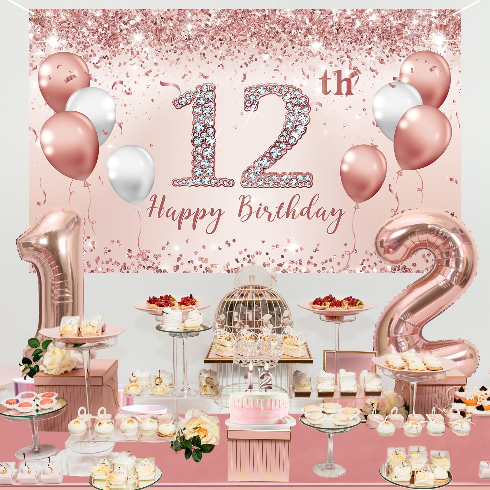 Trgowaul 12th Birthday Decorations Party Set for girls, Rose Gold 12 Birthday Banner and Tablecloth, 12& Fabulous Sash and Tiara, 1PC Happy 12th Birthday Cake Topper, Pink Gold 12 Number Balloons