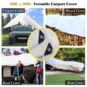 VOELIGT 10x20 16mil Carport Replacement Cover 50 Ball Bungee Cords Canopy Protective Cover Waterproof UV Resistant White Tarp Top Cover ONLY