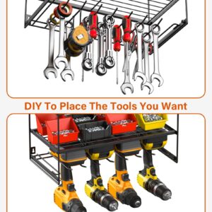 JUNNUJ Power Tool Organizer with 10 Outlet Power Strip, 3 Layer Wall Mount Drill Holder with Charging Station, 4 Drills Storage Shelf Shop Garage Utility Rack, Black