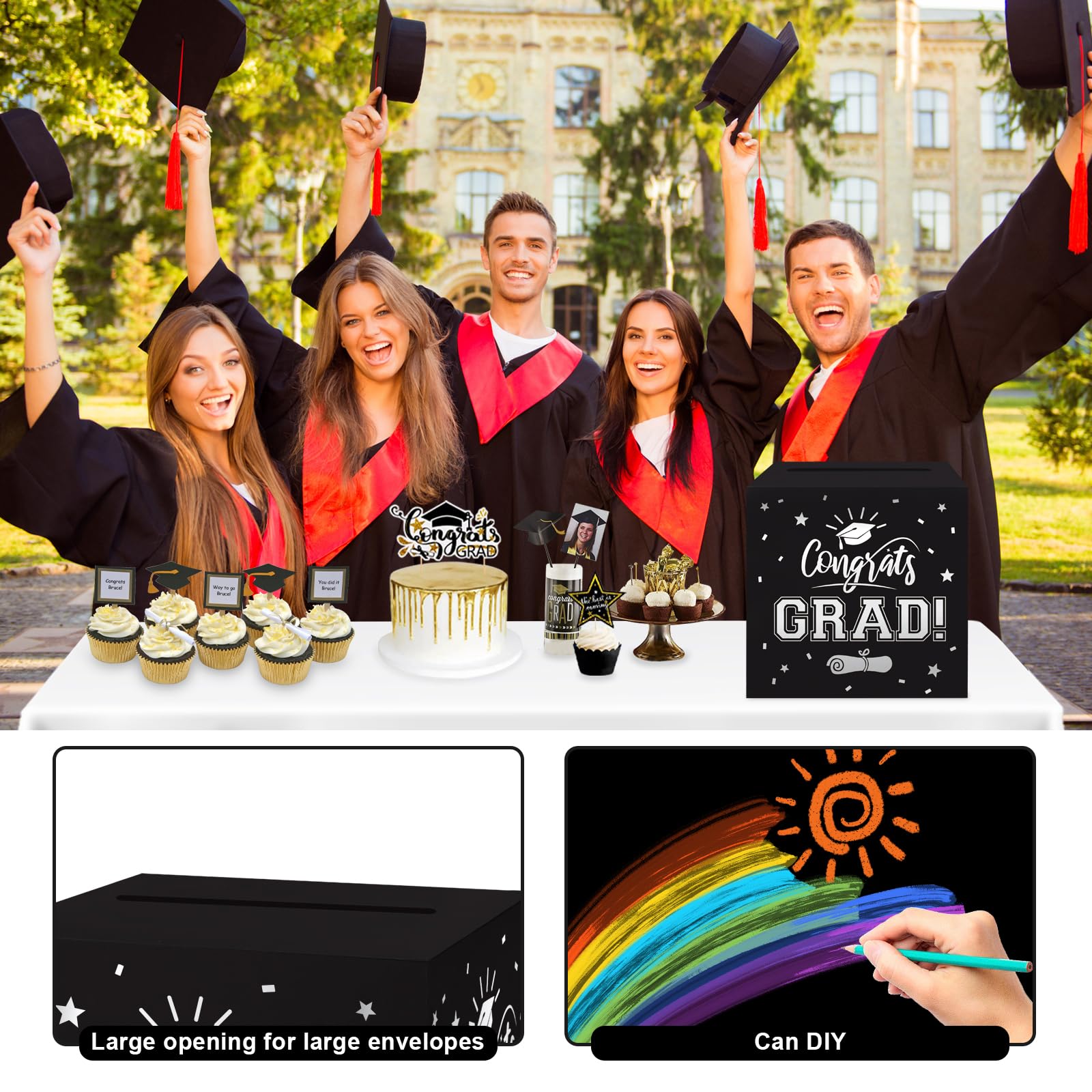 LIKAJON 1 Pack Black and Silver Foil Graduation Card Box, 8.7" Black Gift Card Box Holder Money Box, Congrats Grad Foldable Cardboard Decorations Box for Graduation Party Decoration and Grad Parties