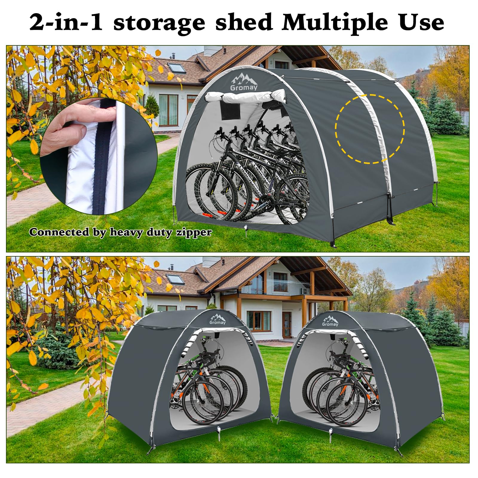 Gromay Outdoor Bike Storage Shed Tent, 10x7.3FT Large 2 in 1 Bicycle Cover Double Doors Portable Motorcycle Tent PU4000 Waterproof 3 Layers Silver Coated Oxford Cover Foldable Garden Tools Shelter