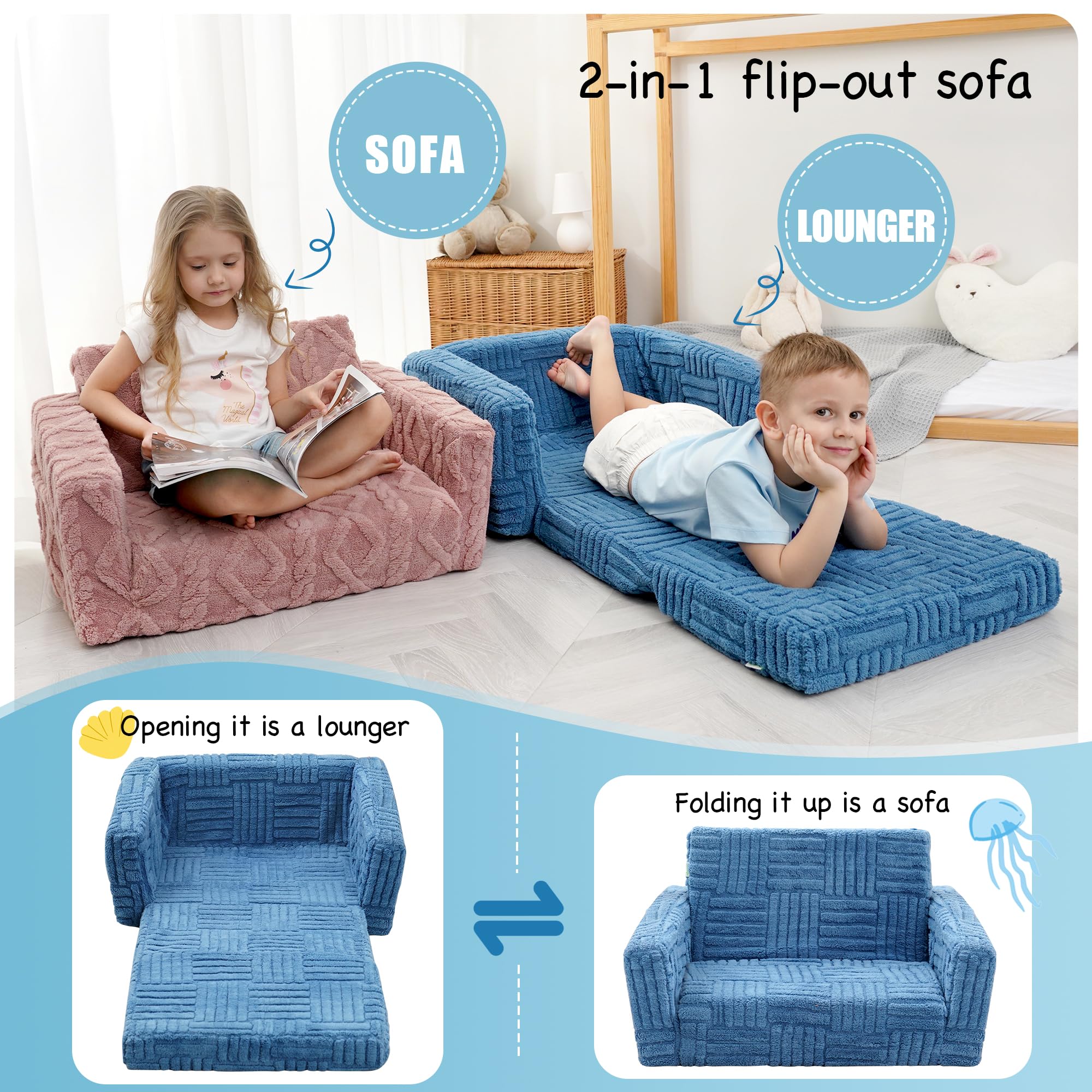 MallSingel Kids Sofa, Toddler Chair, 2-in-1 Flannel Kids Fold Out Couch, Toddler Convertible Sofa to Lounger, Flip Open Toddler Couch for Kids(White) (Blue)