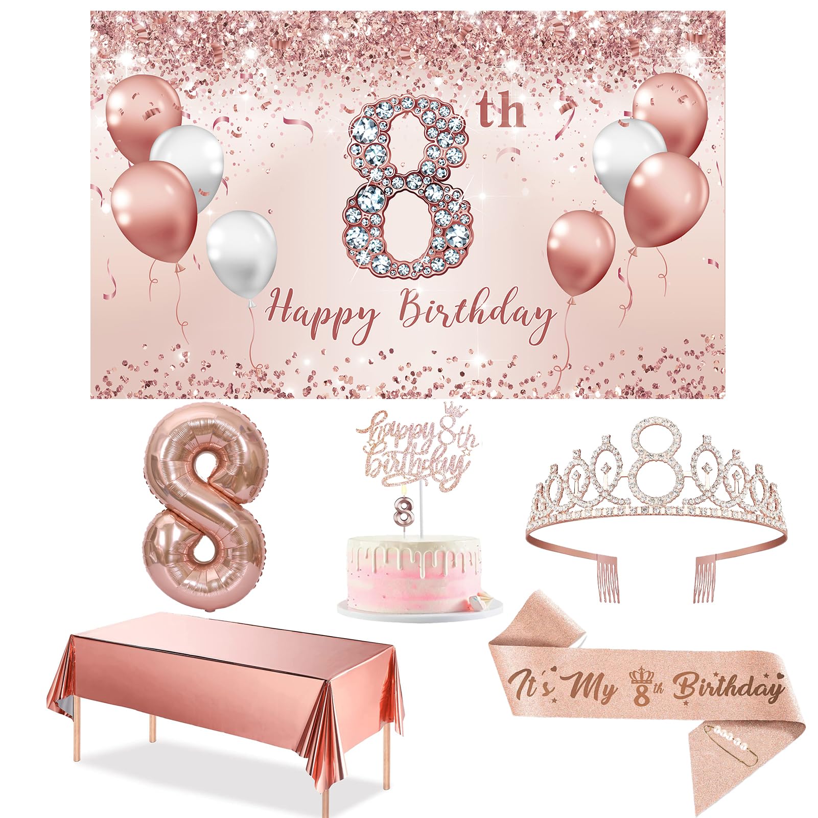 Trgowaul 8th Birthday Decorations Party Set for girls, Rose Gold 8 Birthday Banner and Tablecloth, 8 & Fabulous Sash and Tiara, 1PC Happy 8th Birthday Cake Topper, Pink Gold 8 Number Balloons