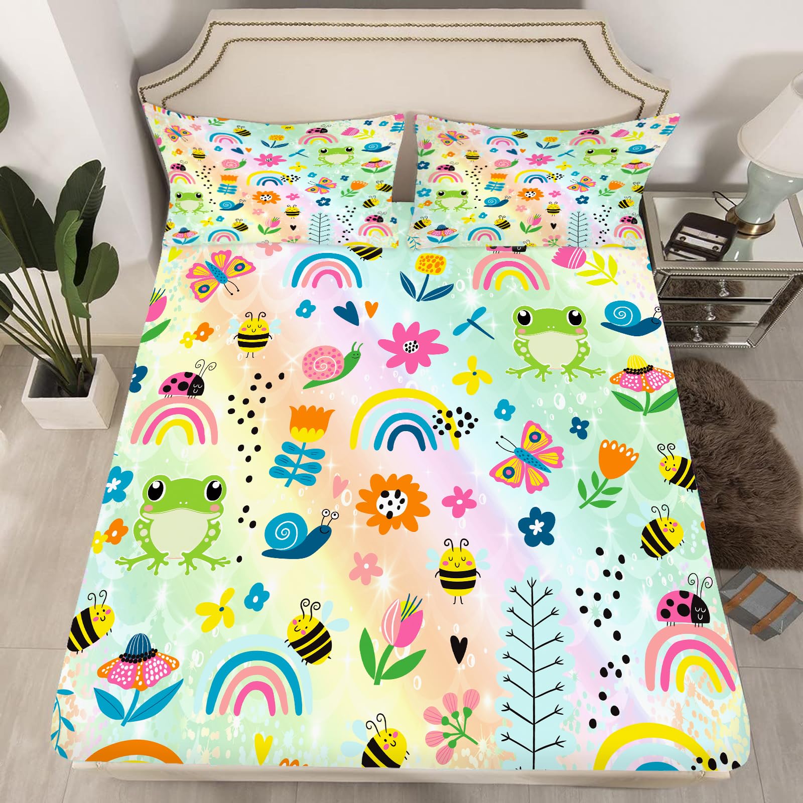 FUYEUN Rainbow Frogs Fitted Sheet Sets,Cartoon Floral Kids Bedding Twin Size for Girls Teens Adults Bedroom Bed, Kawaii Sheets Bedspread Set,1 Flat Sheet 1 Fitted Sheet 1 Pillowcase