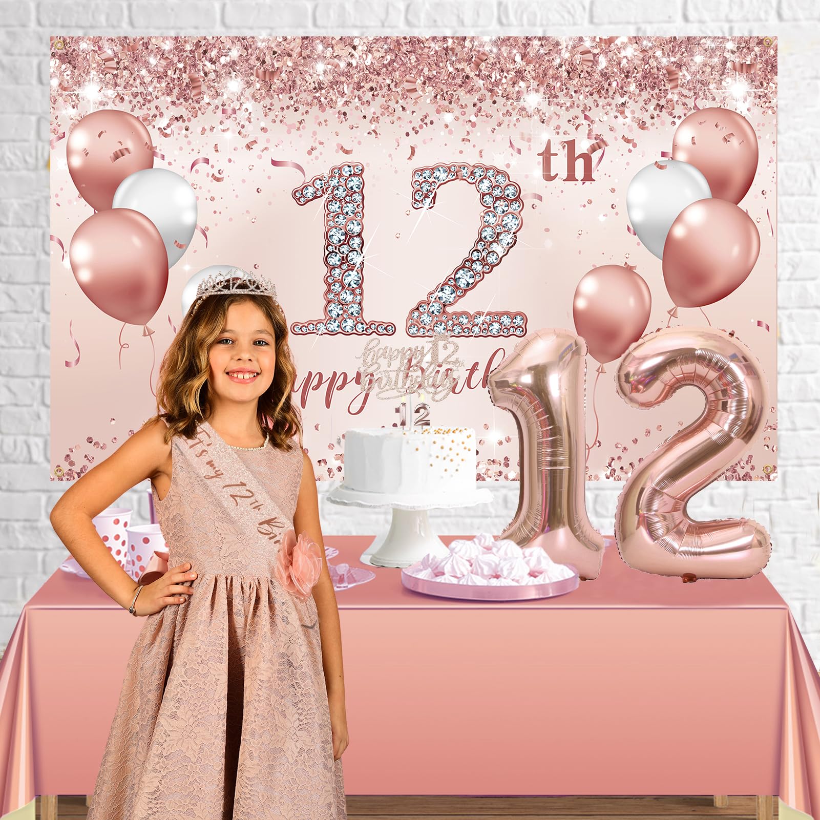 Trgowaul 12th Birthday Decorations Party Set for girls, Rose Gold 12 Birthday Banner and Tablecloth, 12& Fabulous Sash and Tiara, 1PC Happy 12th Birthday Cake Topper, Pink Gold 12 Number Balloons