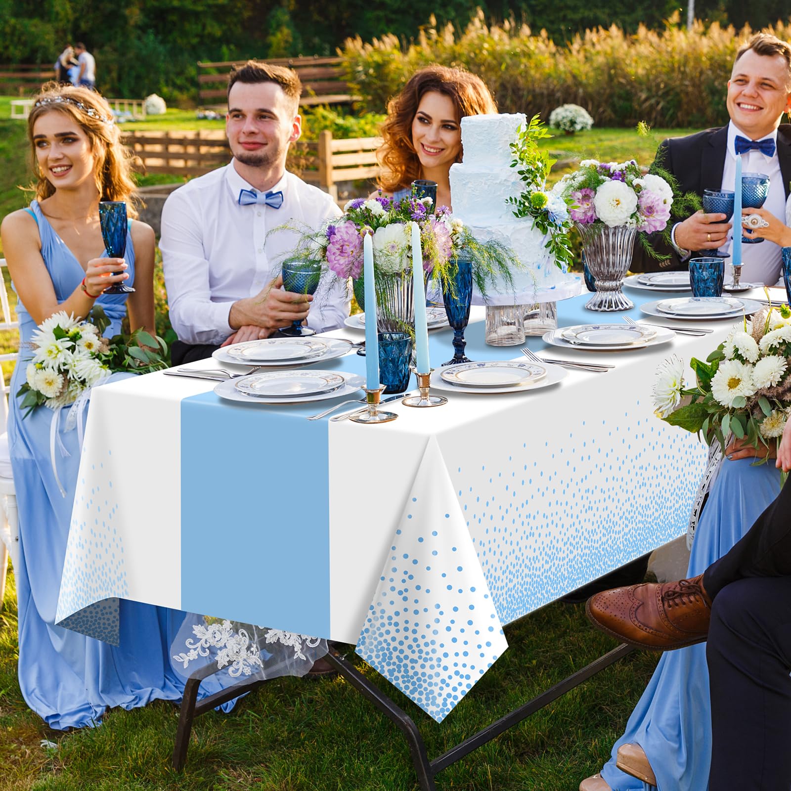 3Pcs White and Light Blue Tablecloth Party Decorations,Plastic White Table Cloth Printed Baby Blue Table Runner Disposable Rectangle Table Cover for Birthday Baby Shower Wedding Party,54 x108 Inch