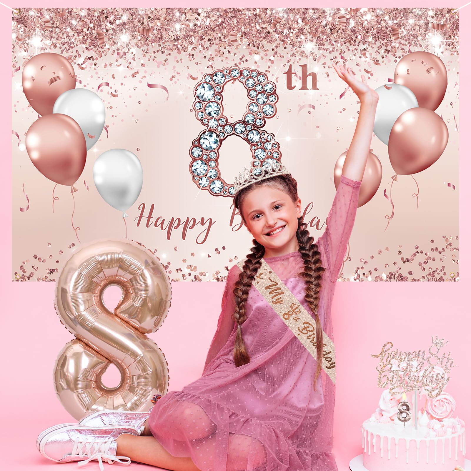 Trgowaul 8th Birthday Decorations Party Set for girls, Rose Gold 8 Birthday Banner and Tablecloth, 8 & Fabulous Sash and Tiara, 1PC Happy 8th Birthday Cake Topper, Pink Gold 8 Number Balloons