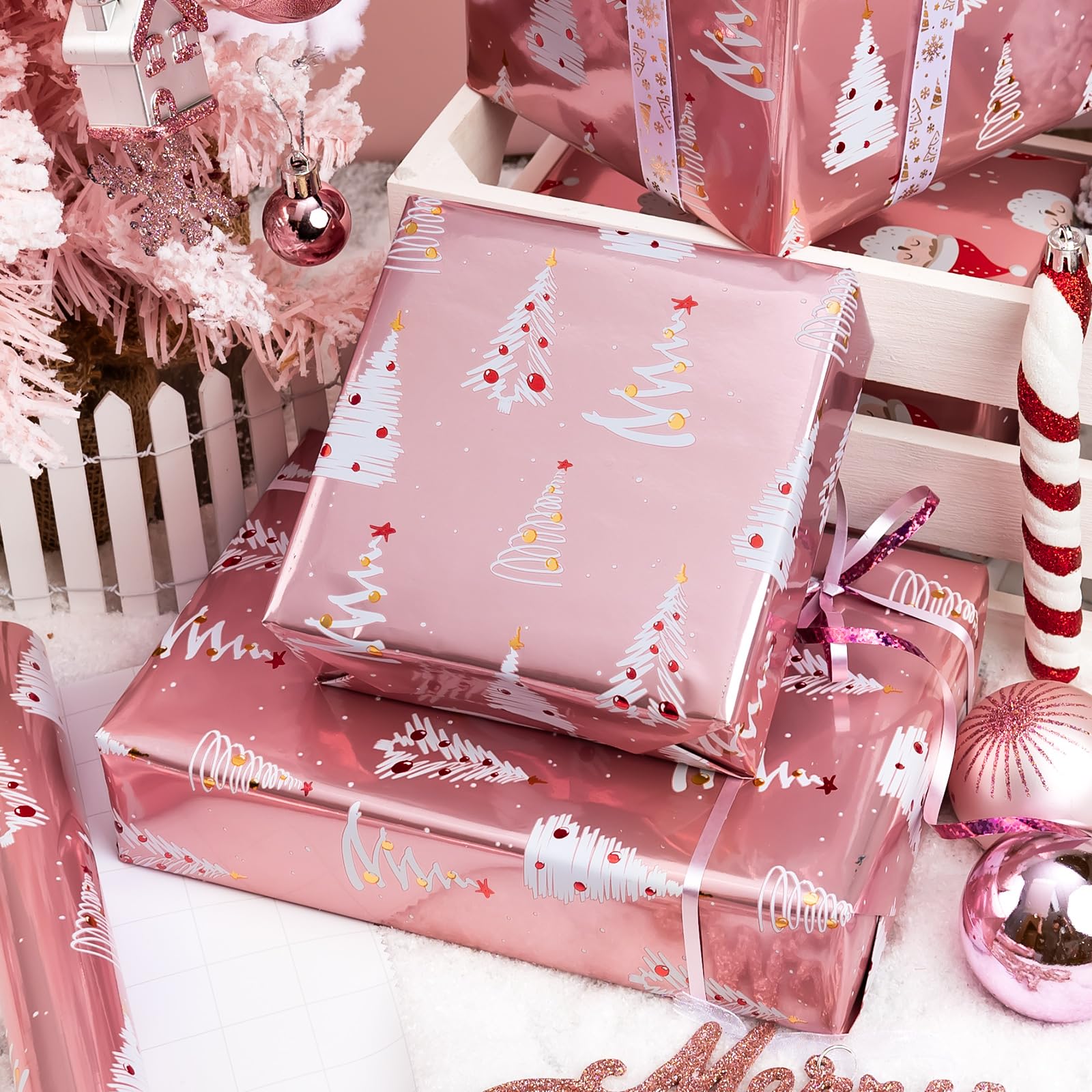 Burymento Christmas Wrapping Paper Roll, Pink Gift Wrap Paper with Grid Lines for Christmas，Metallic Foil Shiny Wrapping Paper - 17 Inches x 32.8 Feet 1 Roll Christmas Trees