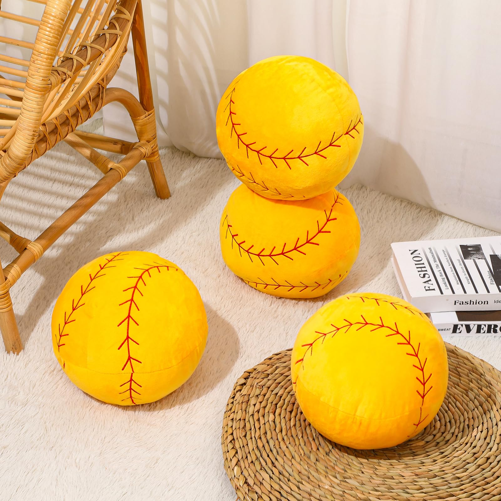 Gerrii 4 Pcs Basketball Softball Football Soccer Volleyball Tennis Pillow 3D Sports Pillow Fluffy Plush Stuffed Throw Pillow Sport Theme Cushion Plush Stuffed Pillow Gift Decor (Softball,10 Inch)