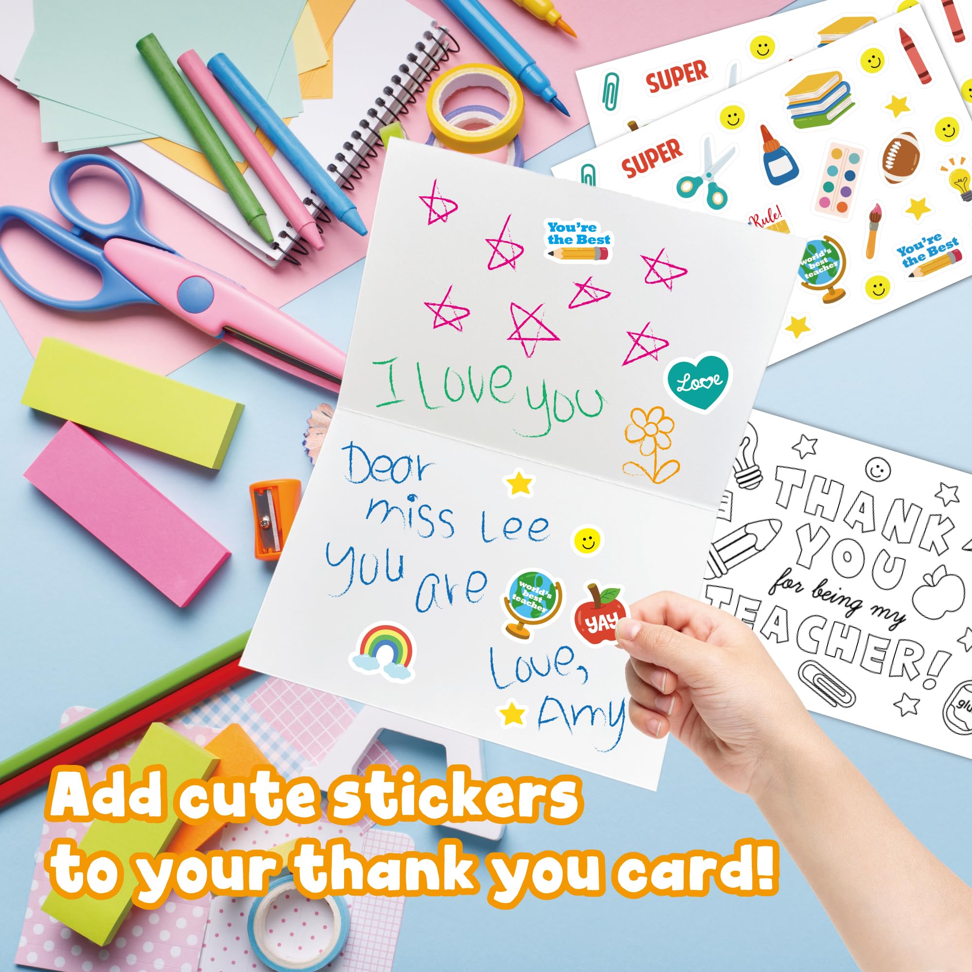 Gooji 4x6 Kids Teacher Appreciation Cards Teacher Thank You Cards with Stickers for Coloring and Fun DIY Project School Classroom Gift Elementary Kindergarten Preschool 10 Pack