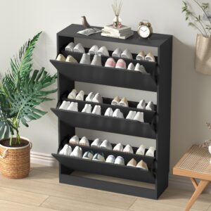 wodeer shoe cabinet with 3 flip drawers,wood entryway shoe storage cabinet,freestanding shoe rack storage organizer for entryway, hallway, black,9.33" d x 31.5" w x 47.2" h