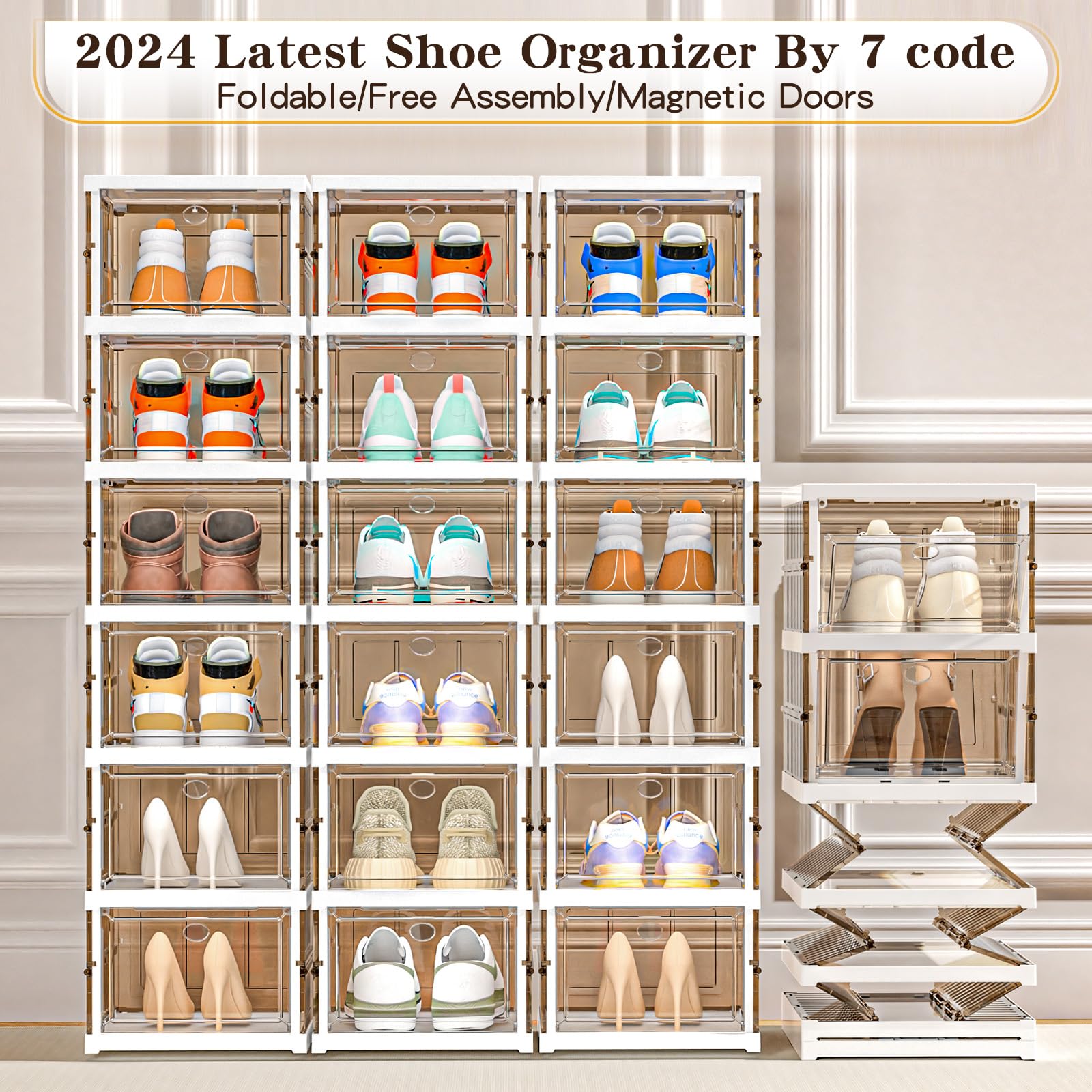 Shoe Box Organizer 6-Tier- No-Assembly, One-Piece Design, Magnetic Clear Doors, Compact Foldable & Space-Saving, Ideal for Sneaker Display & Everyday Footwear, Dimensions 11.3"x15"x45.7" - Clear White