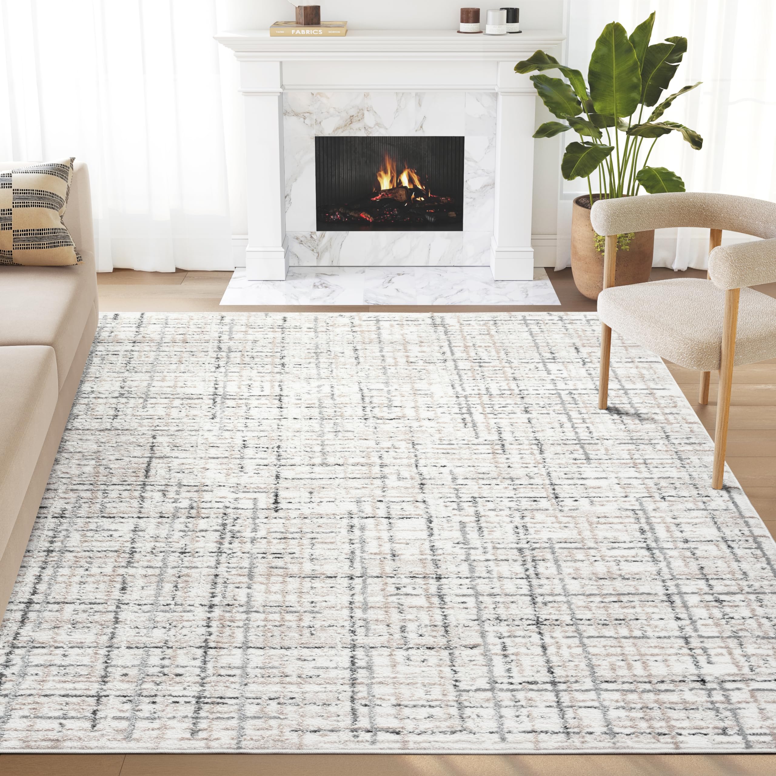 Abani Grey Area Rug for Living Room, Bedroom - Crosshatch Pattern- 5' x 8' -Durable & Easy to Clean