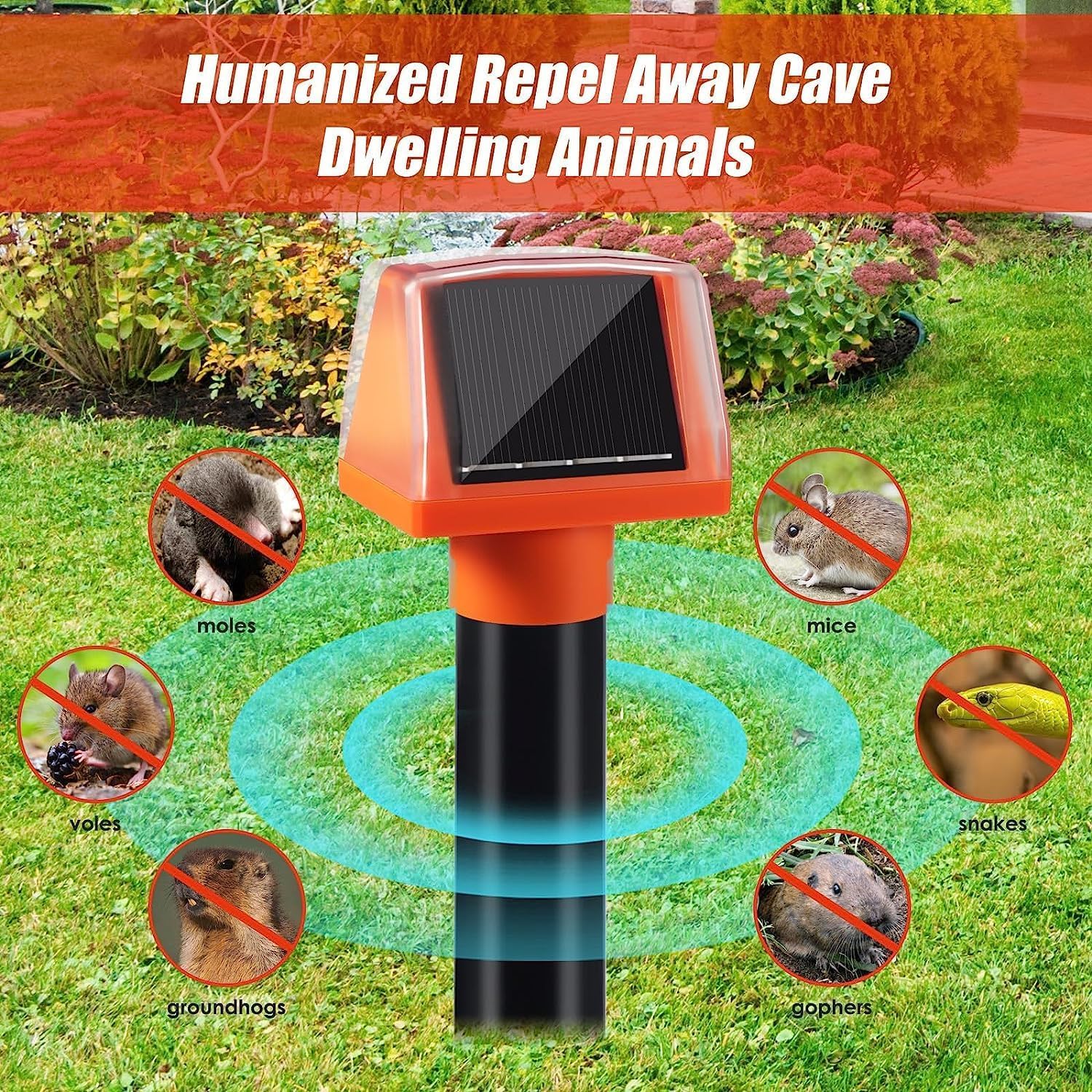 2024 Solar Mole Repellent Stakes, 4 Pack Ultrasonic Animal Repellent Outdoor with Flash Light for Mole Groundhog Vole Gopher Snake Armadillo, Waterproof Sonic Burrowing Mole Deterrent for Lawn Yard