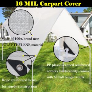 VOELIGT 10x20 16mil Carport Replacement Cover 50 Ball Bungee Cords Canopy Protective Cover Waterproof UV Resistant White Tarp Top Cover ONLY