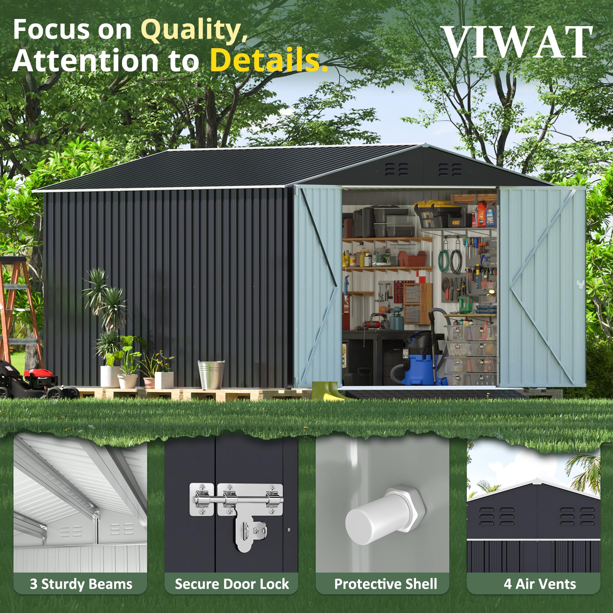 VIWAT 12x8 FT Outdoor Storage Shed, Large Garden Shed with Updated Frame Structure and Lockable Doors, Metal Tool Sheds for Backyard Garden Patio Lawn, Black