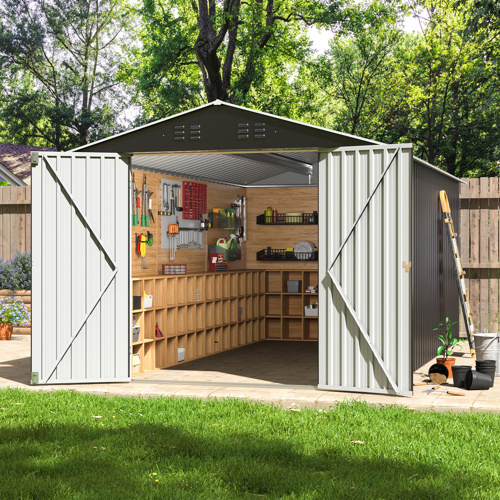 VIWAT 12x8 FT Outdoor Storage Shed, Large Garden Shed with Updated Frame Structure and Lockable Doors, Metal Tool Sheds for Backyard Garden Patio Lawn, Black