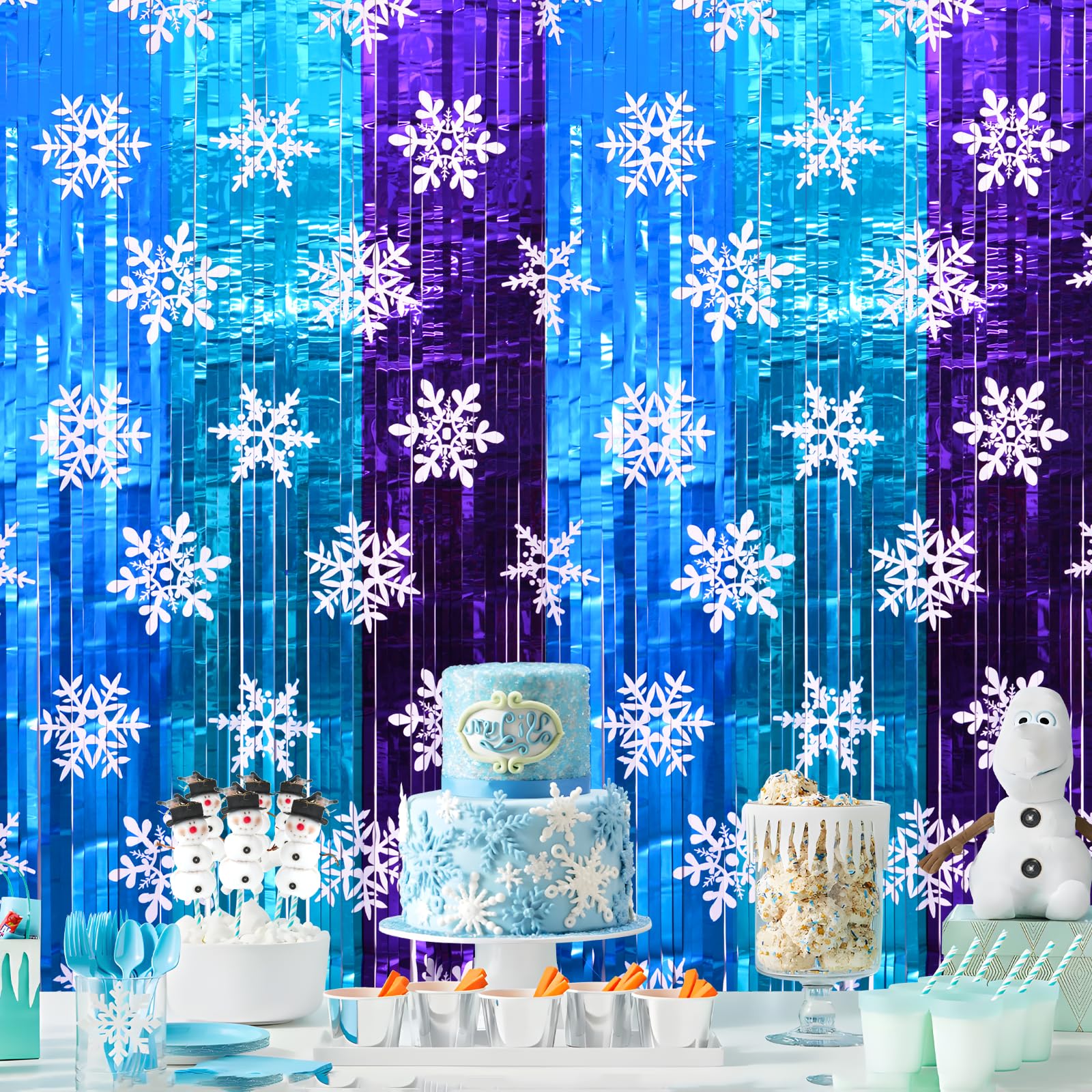 Bupelo Frozen Birthday Party Decorations, 2 Pack Frozen Birthday Party Supplies 3.3x6.6ft Tinsel Foil Fringe Curtains, Winter Photo Booth Prop Backdrop Streamer, Snowflake Birthday Party Decor