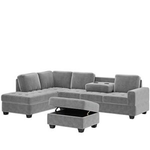 UBGO L-Shaped Sectional Sofa with Convertible Chaise Longue with Storage Footrest and 2 Cup Holders, Velvet Upholstered Sofa for Living Room Office Apartment, Gray