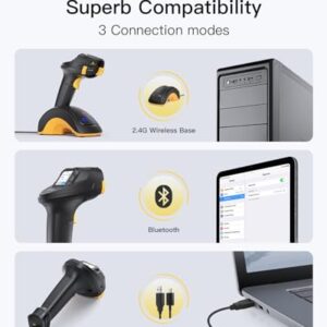 Inateck Bluetooth Barcode Scanner, 2D 1D Wireless Handheld Scanner, QR Code Scanner, Equipped with a Touchscreen and Smart Base, CMOS+CCD Dual modules, Larger scanning Range, Supports app SDK, P8.