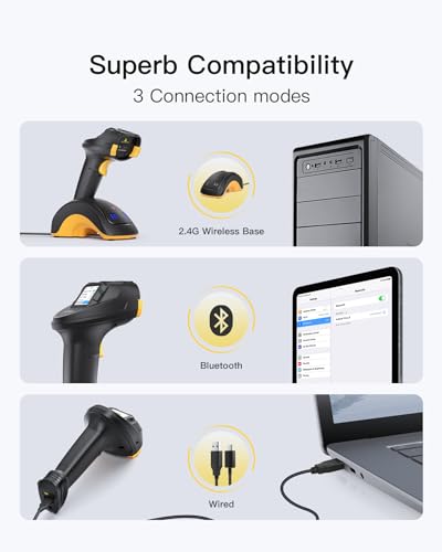 Inateck Bluetooth Barcode Scanner, 2D 1D Wireless Handheld Scanner, QR Code Scanner, Equipped with a Touchscreen and Smart Base, CMOS+CCD Dual modules, Larger scanning Range, Supports app SDK, P8.