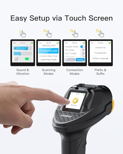 Inateck Bluetooth Barcode Scanner, 2D 1D Wireless Handheld Scanner, QR Code Scanner, Equipped with a Touchscreen and Smart Base, CMOS+CCD Dual modules, Larger scanning Range, Supports app SDK, P8.