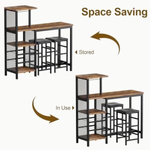 VECELO Bar Table and Chairs Set for 2, 3-Piece Dining Set with Storage Shelves, Cup Holder & Wine Rack, PU Leather Cushion Stools, for Kitchen Small Space, Brown