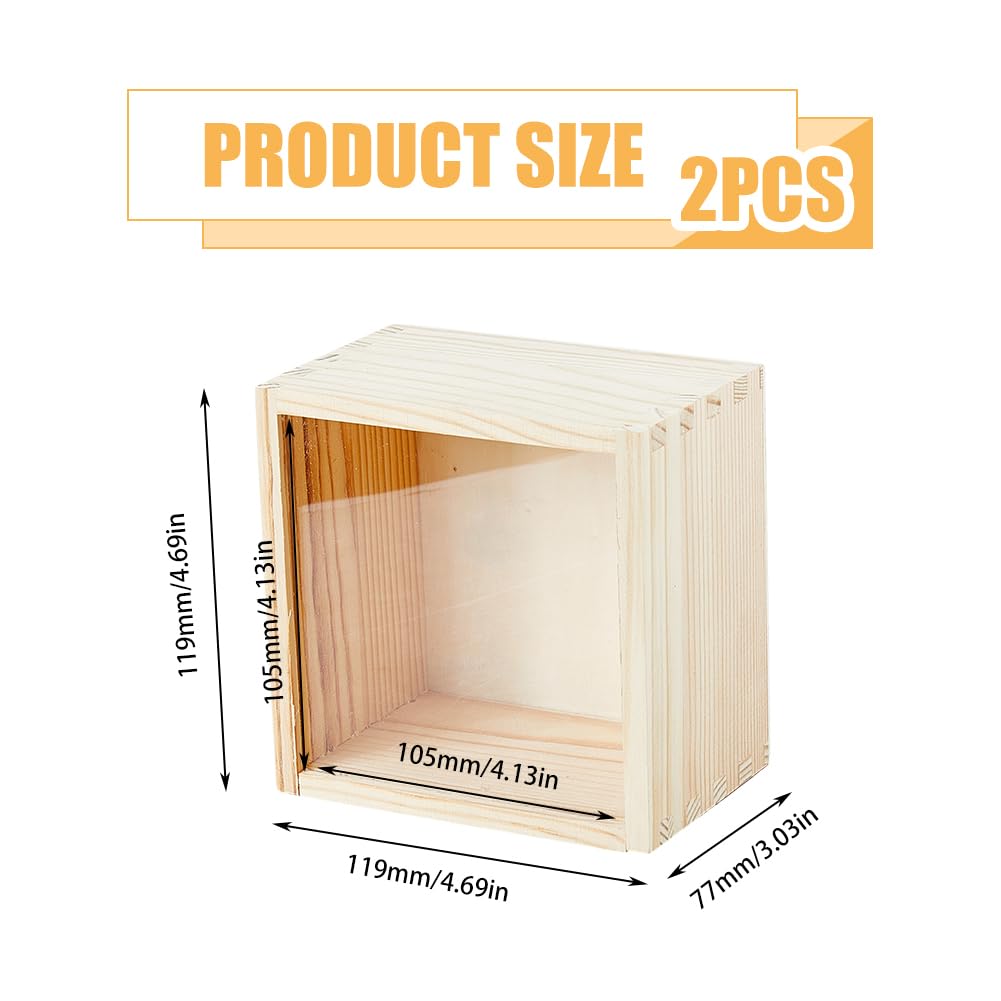 DICOSMETIC 2Pcs Slide Square Wood Box Unfinished Wood Storage Box with Transparent Sliding Lid 11.9CM Visible Wood Gift Box for DIY Craft Storage and Decorative Organizer, 4.7x4.7x3