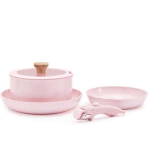 hausfrau pink pots and pans set removable handle non stick, detachable handle ceramic cookware set kitchen cooking oven dishwasher safe, no pfas no ptfe