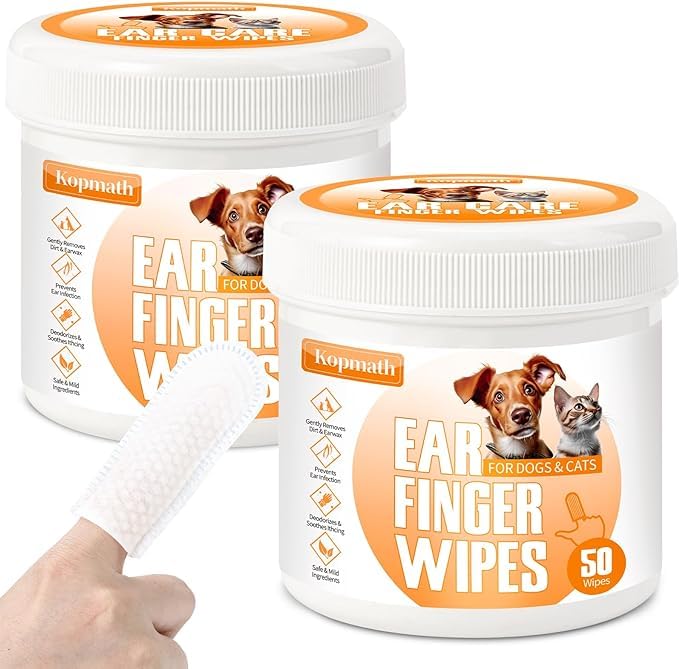 Kopmath Ear Cleaner Finger Wipes for Dogs & Cats, Gently Clean Earwax & Dirt, Soothe Ear Itching, Easy to Use, Natural Pet Ear Wipe for Dog, Unscented, 100 Disposable Count