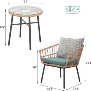 wOod-it 3 Pieces Outdoor Furniture Patio Bistro Set All-Weather Wicker Conversation Set with Tempered Coffee Table, Wicker Chairs, Cushions and 2 Back Pillows for Front Porch Balcony Backyard Deck