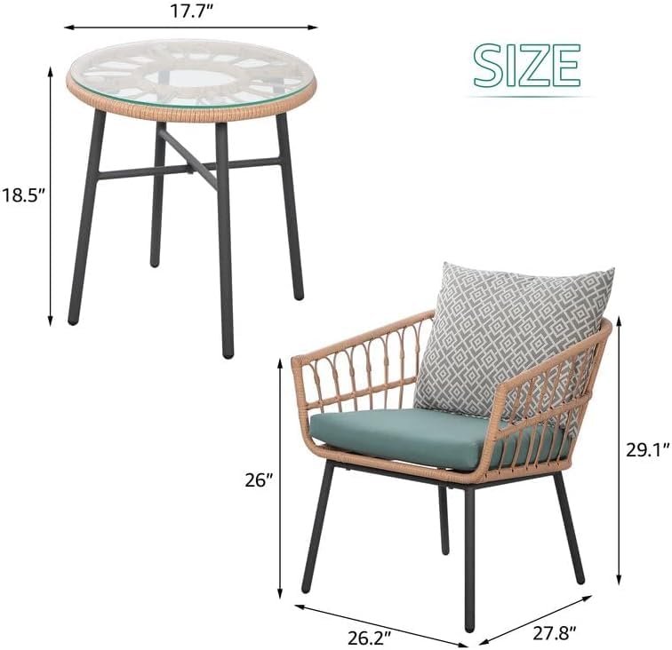 wOod-it 3 Pieces Outdoor Furniture Patio Bistro Set All-Weather Wicker Conversation Set with Tempered Coffee Table, Wicker Chairs, Cushions and 2 Back Pillows for Front Porch Balcony Backyard Deck