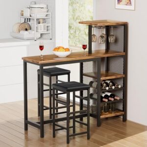 vecelo bar table and chairs set for 2, 3-piece dining set with storage shelves, cup holder & wine rack, pu leather cushion stools, for kitchen small space, brown