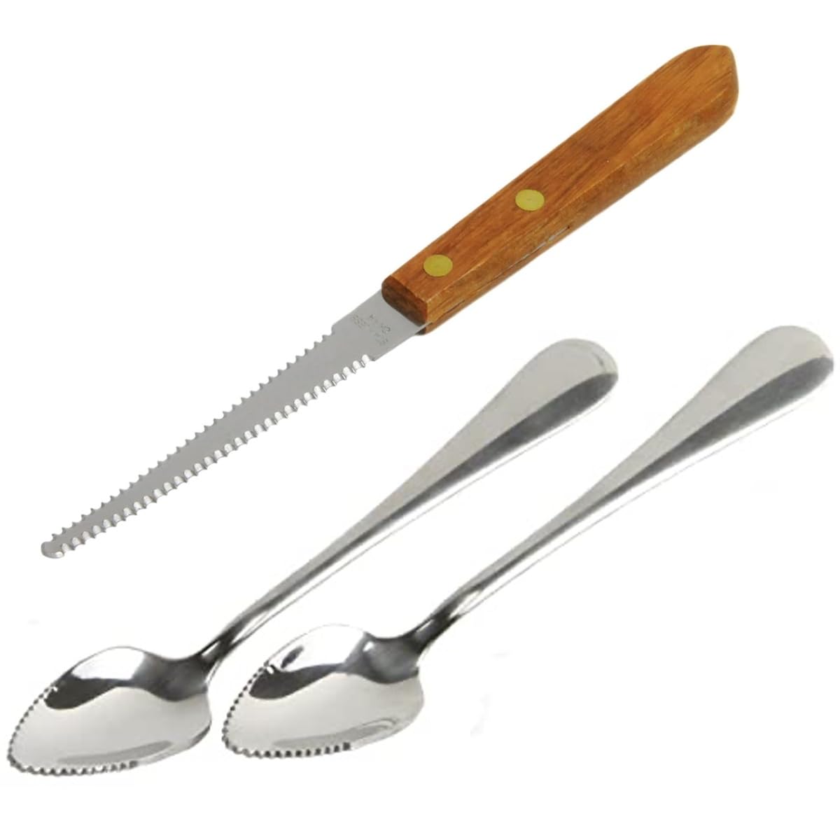 Rocky Mountain Goods Grapefruit Knife and Spoons Set - Curved Serrated Blade Knife and Two Grapefruit Spoons with Serrated Edge - Stainless Steel