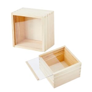 dicosmetic 2pcs slide square wood box unfinished wood storage box with transparent sliding lid 11.9cm visible wood gift box for diy craft storage and decorative organizer, 4.7x4.7x3