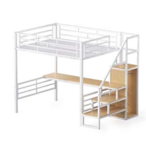 GM Ultra Full Size Loft Bed with Desk & Storage Stairs, Metal Loft Bed Frame with Wardrobe, Versatile High Loft Bed for Kids Teens Adults, Sturdy Slats Support, No Box Spring Needed, White