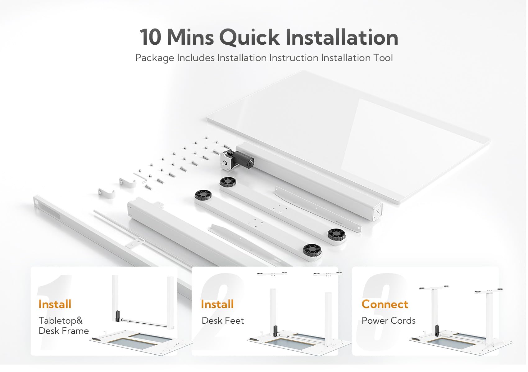 Claiks Glass Standing Desk, Small Electric Standing Desk Adjustable Height, 40 Inch Adjustable Stand Up Desk, Quick Install Home Office Computer Desk, Super White