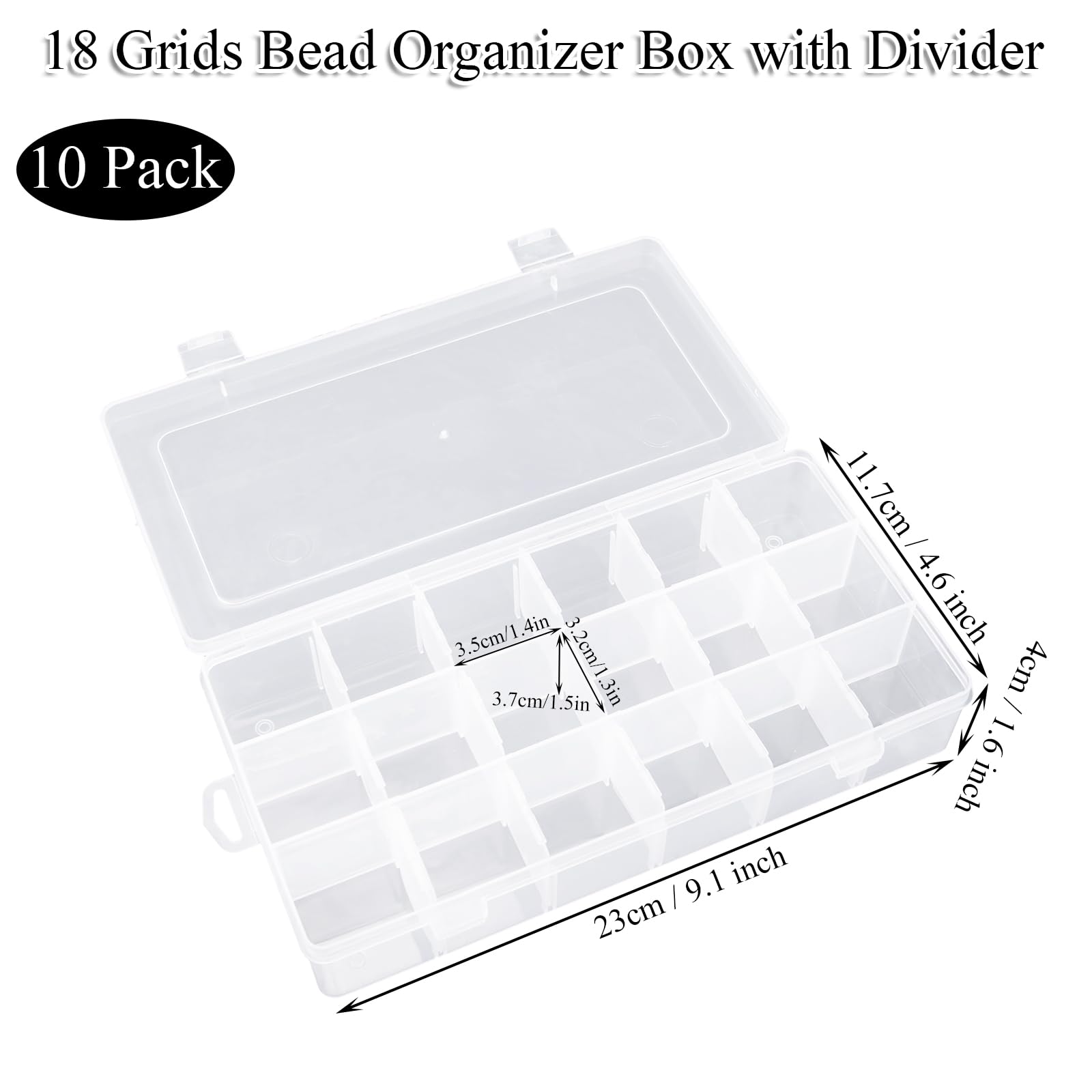 LDHHYH 10 Pack 18 Grids Plastic Organizer Box with Adjustable Dividers, Clear Storage Box Container for Craft Jewelry Bead Tackle Small Parts Storage - 9.1 x 4.6 x 1.6 Inch