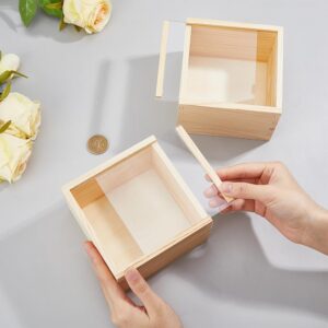 DICOSMETIC 2Pcs Slide Square Wood Box Unfinished Wood Storage Box with Transparent Sliding Lid 11.9CM Visible Wood Gift Box for DIY Craft Storage and Decorative Organizer, 4.7x4.7x3