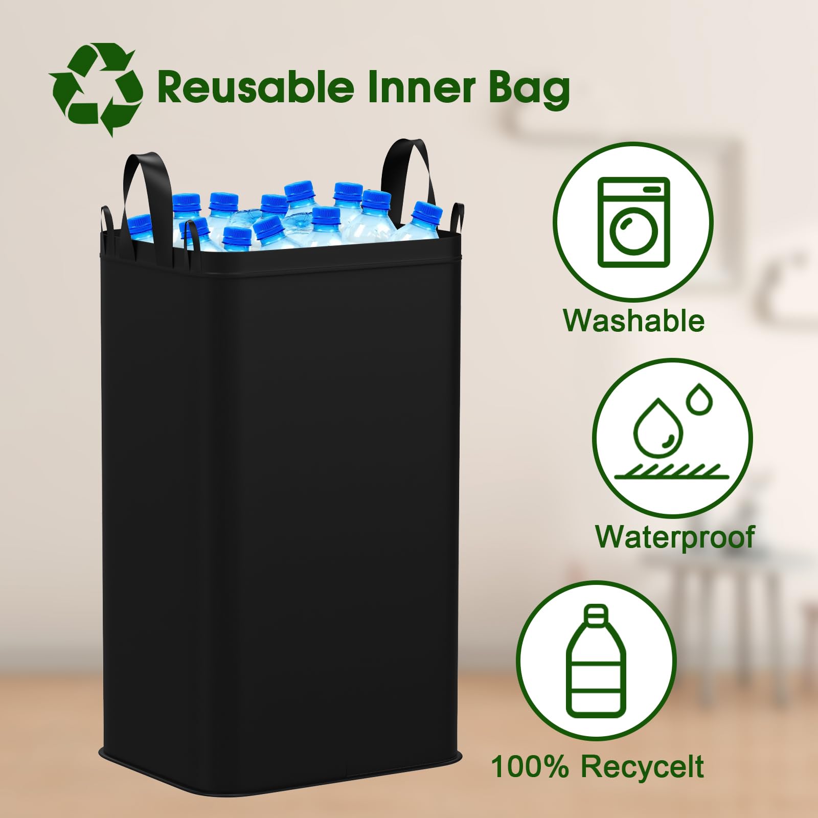 Szzydng 26 Gallon Recycling Bin for Kitchen, Indoor Recycling Bins with Lid, 100L Large Recycle Bin with Reusable Inner Bag Bottle Can Glass Waste Plastice(Black)