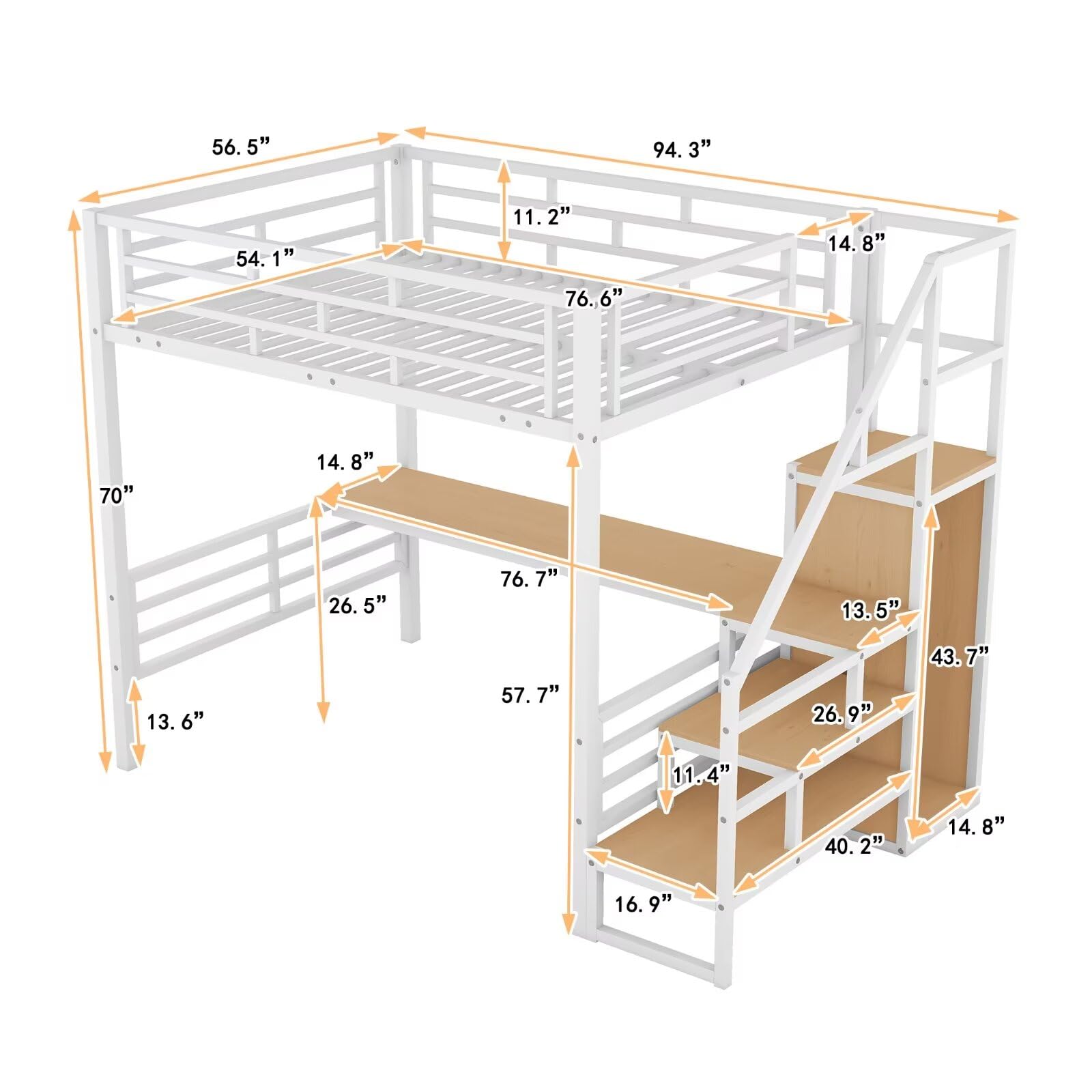 GM Ultra Full Size Loft Bed with Desk & Storage Stairs, Metal Loft Bed Frame with Wardrobe, Versatile High Loft Bed for Kids Teens Adults, Sturdy Slats Support, No Box Spring Needed, White