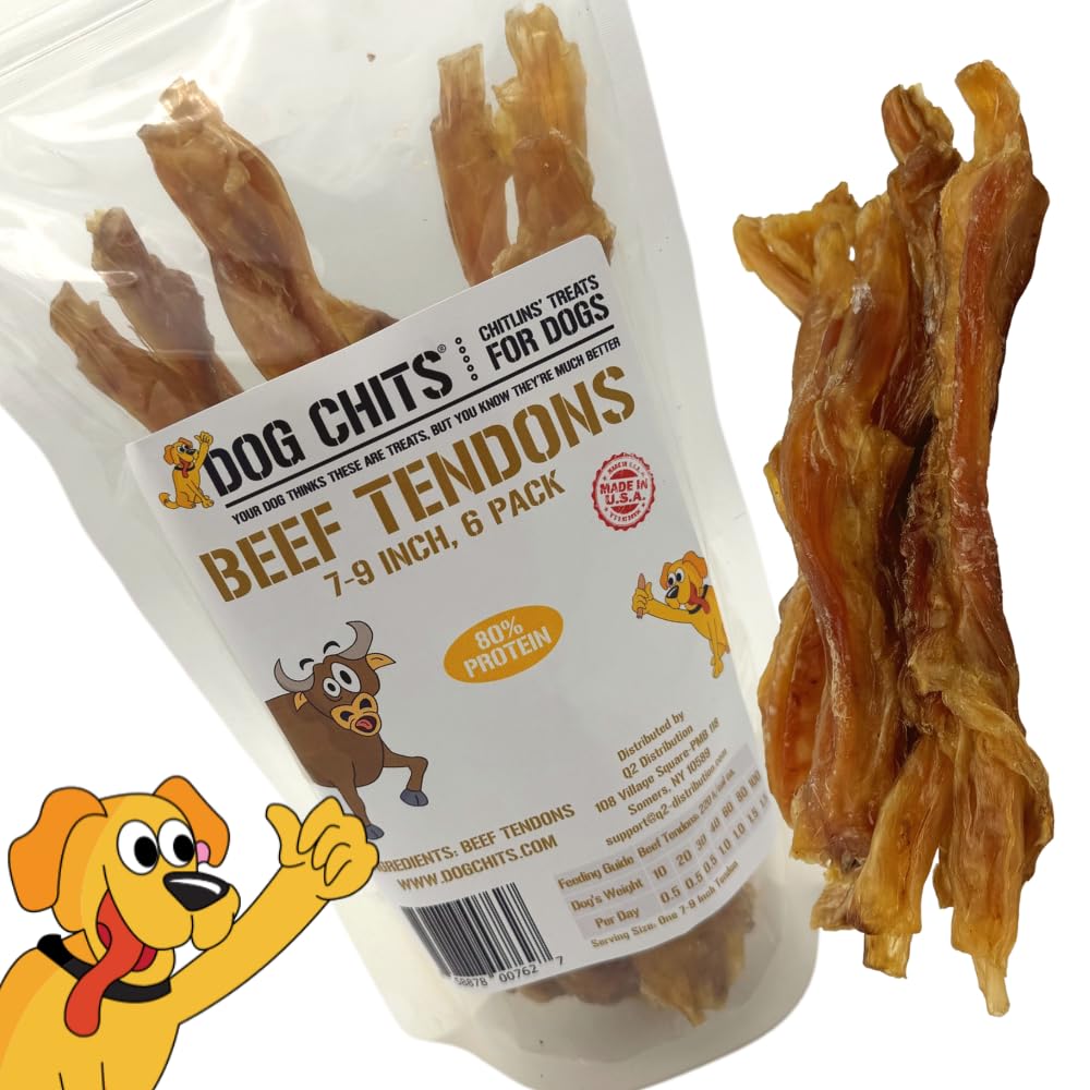 Dog Chits Beef Tendons for Dogs and Puppies | Large 7-9-inch | Odor Free | All Natural, Treats | Hardy Chew for Large and Small Dogs | Premium Grass Fed Beef | 6 Pack