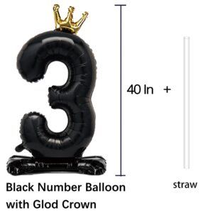 Gifloon Standing Black Number 3 Balloon with Crown For Kids 3rd Birthday Party Decoration, 40 Inch Number 3 Balloon