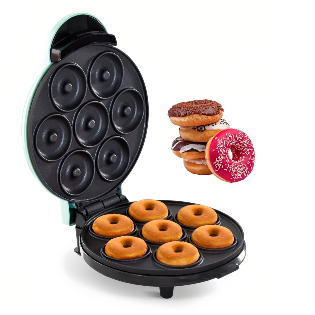 Donut Maker, Electric Non-Stick Surface Makes 7 Small Doughnuts Mini Donut Maker Machine, Mini Doughnut Maker Pancake Maker for Breakfast, Snacks, Desserts & More, Azure